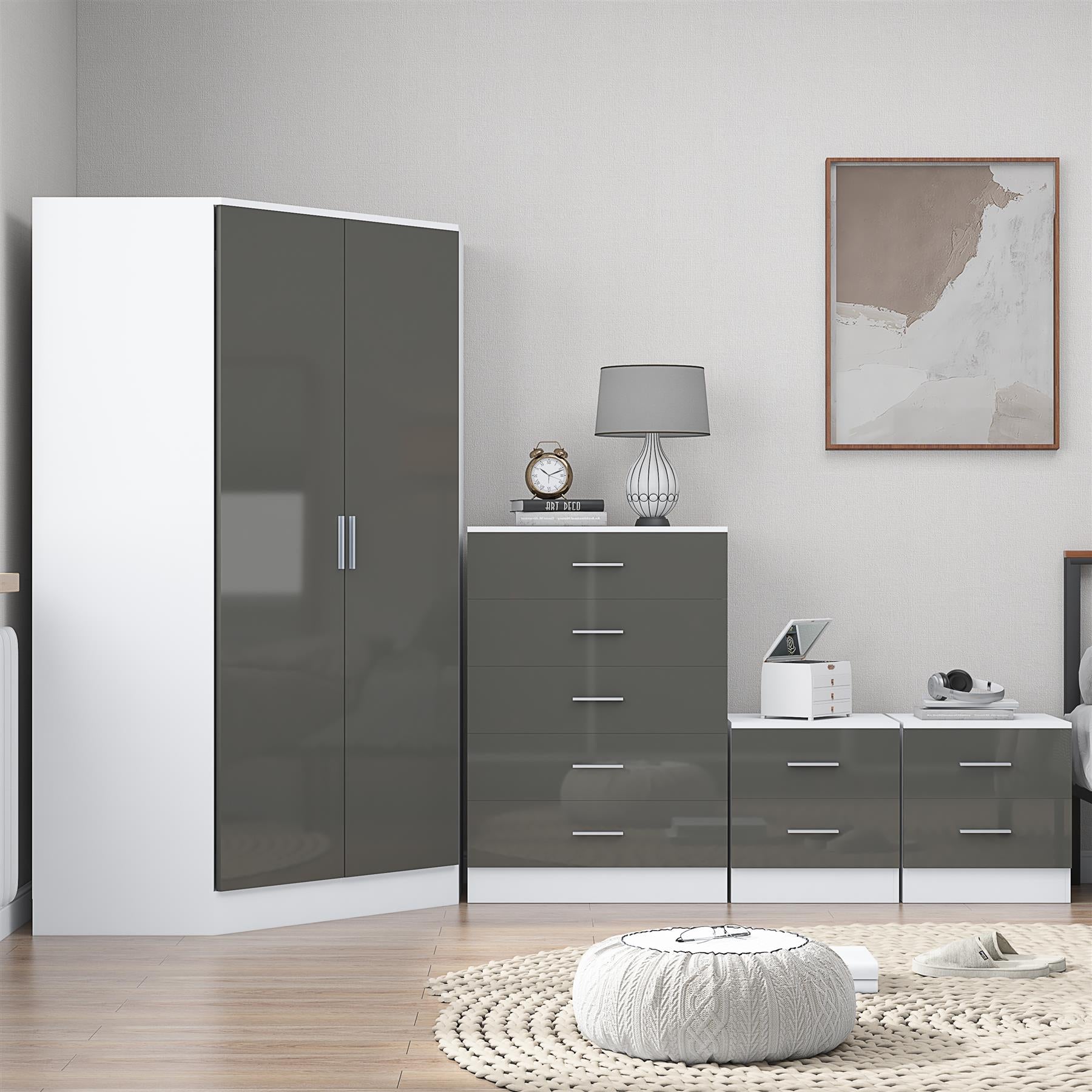 Reflect 2 Door Corner Wardrobe, 5 Drawer Chest, 2x 2 Drawer Bedsides - Grey Gloss & Matt White - Bedroom Furniture Set