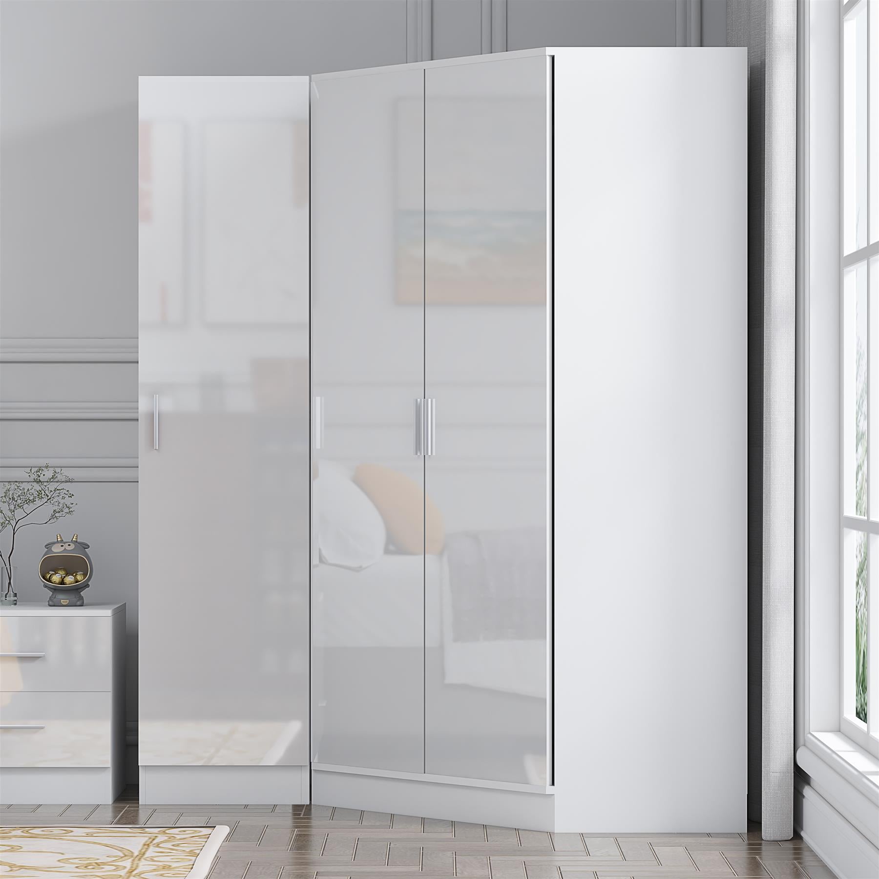 Reflect 2pc Wardrobe Bundle - 2 Door Corner + 1 Door Plain - White Gloss & Matt White - H: 180cm x W: 179cm x D: 103cm