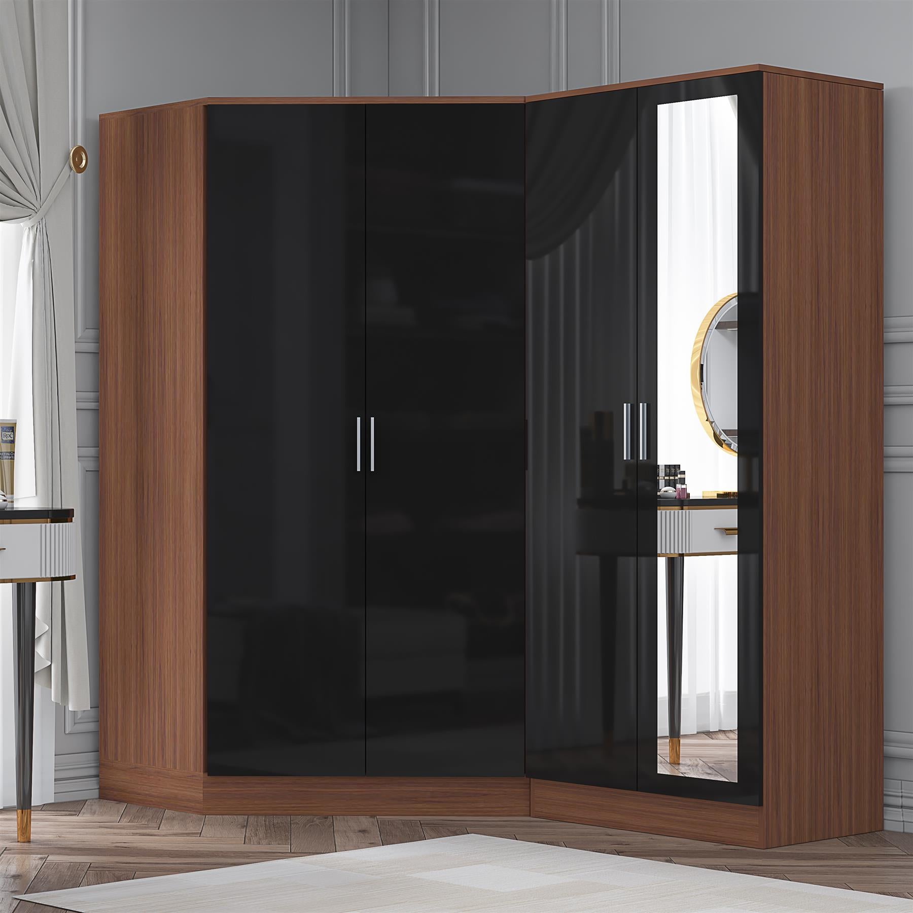 Reflect 2pc Wardrobe Bundle - 2 Door Corner + 2 Door Mirror - Black Gloss & Walnut - H: 180cm x W: 179cm x D: 103cm