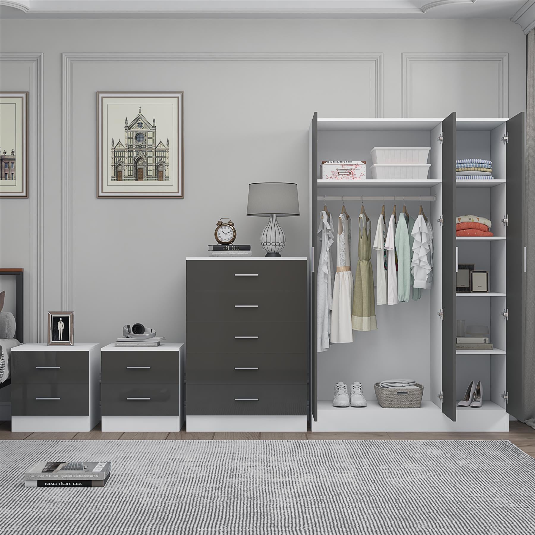 REFLECT Gloss 4pc Set - 3 Door Mirrored Wardrobe + 5 Draw Chest + 2 Bedsides