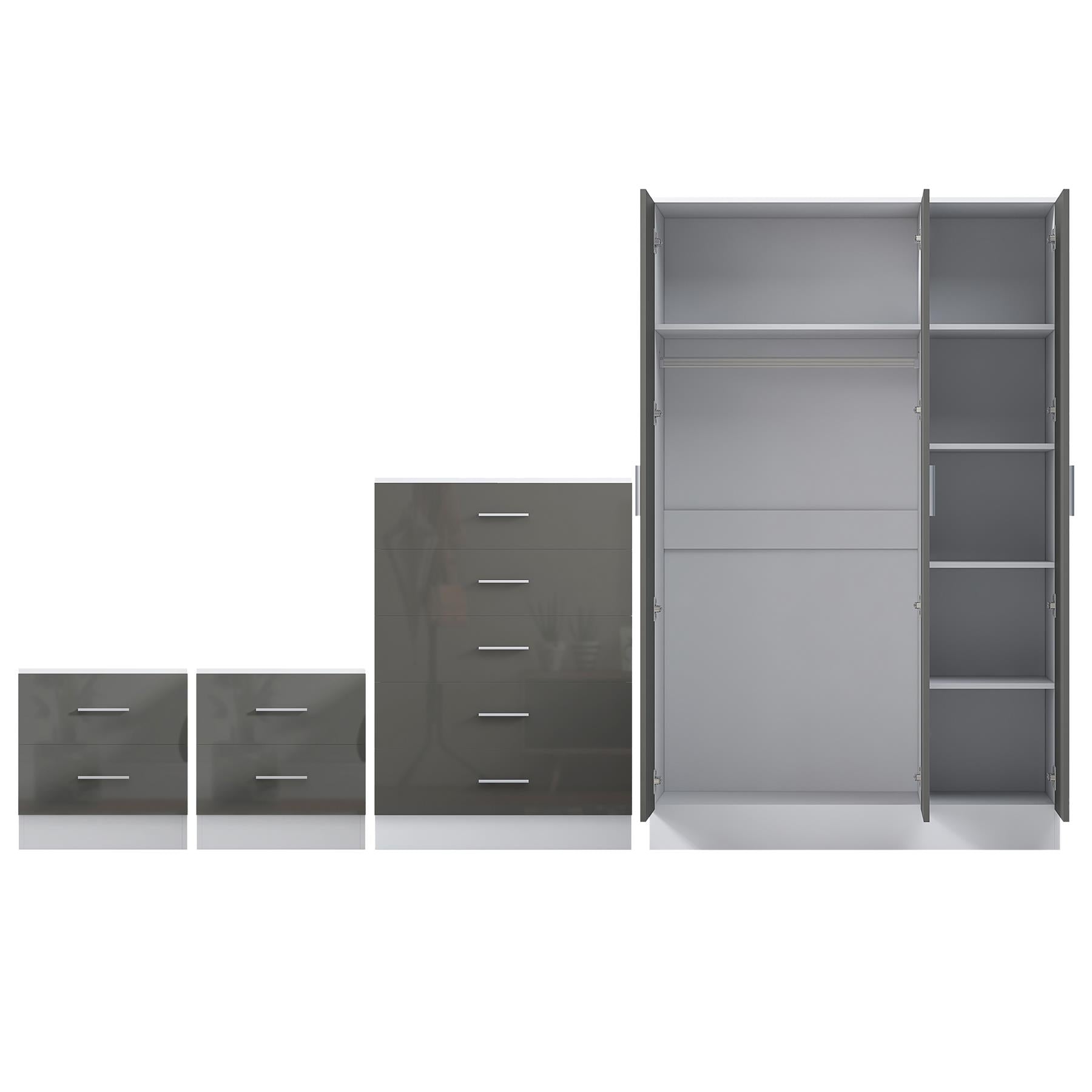 REFLECT Gloss 4pc Set - 3 Door Mirrored Wardrobe + 5 Draw Chest + 2 Bedsides