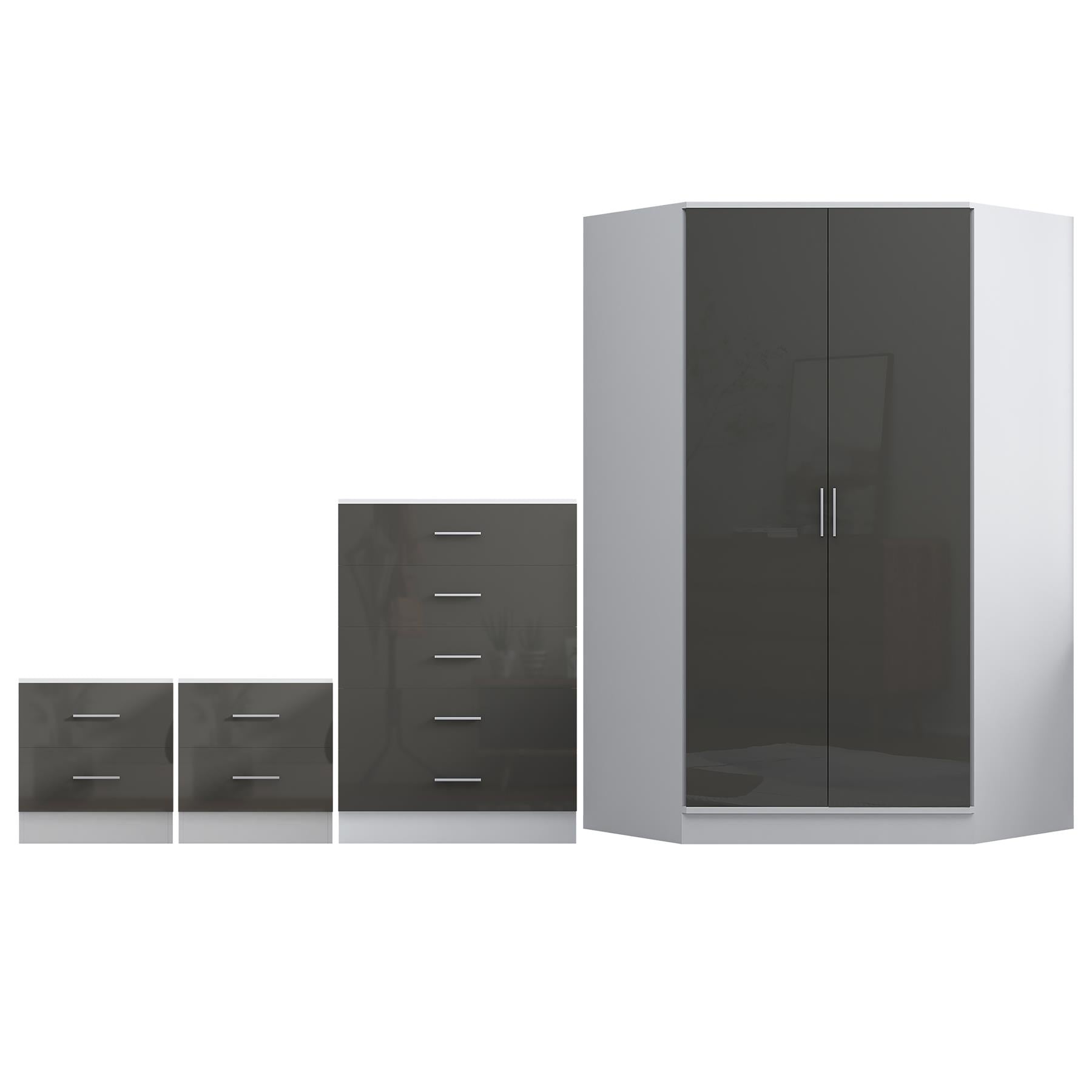 Reflect 2 Door Corner Wardrobe, 5 Drawer Chest, 2x 2 Drawer Bedsides - Grey Gloss & Matt White - Bedroom Furniture Set