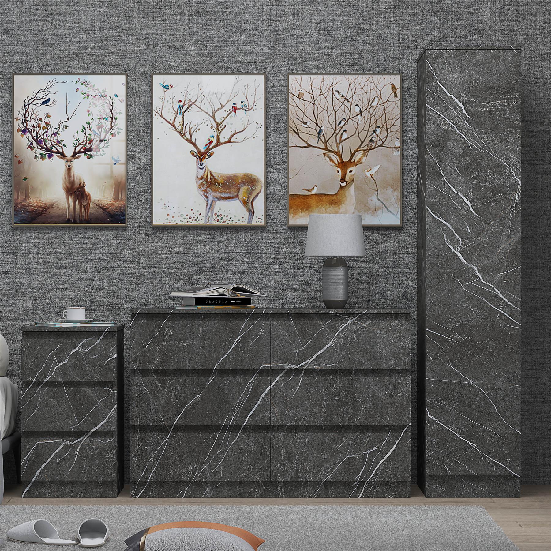 ZITA 3pc Set - 1 Door Wardrobe + Wide Chest + Bedside in White OR Grey Marble