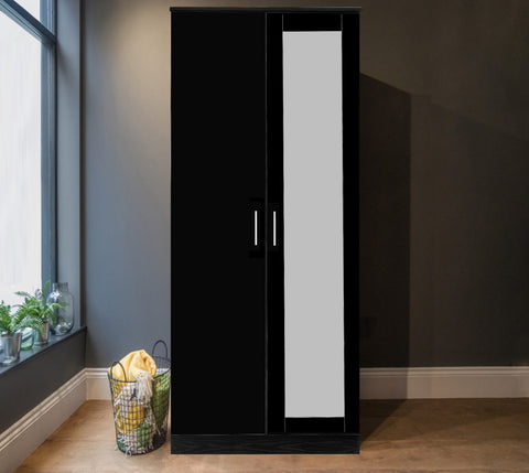 REFLECT High Gloss 2 Door Mirrored Wardrobe in Black Gloss / Black Oak
