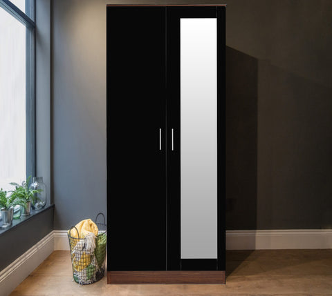 REFLECT High Gloss 2 Door Mirrored Wardrobe in Black Gloss / Walnut