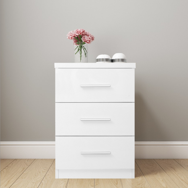 REFLECT XL High Gloss 3 Drawer Bedside in White Gloss Matt White