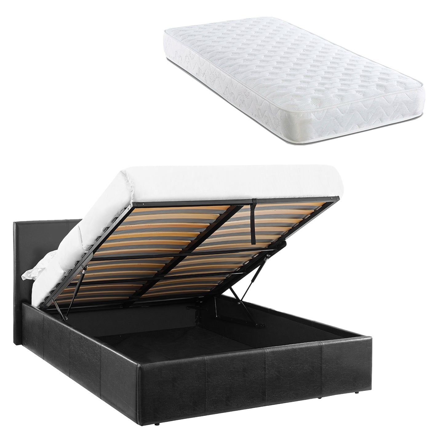 LUNA 4FT Small Double Black Ottoman Storage Bed with Gas Lift & 17cm Thick Spring Mattress - L:203cm x W:138cm x H:88.5cm