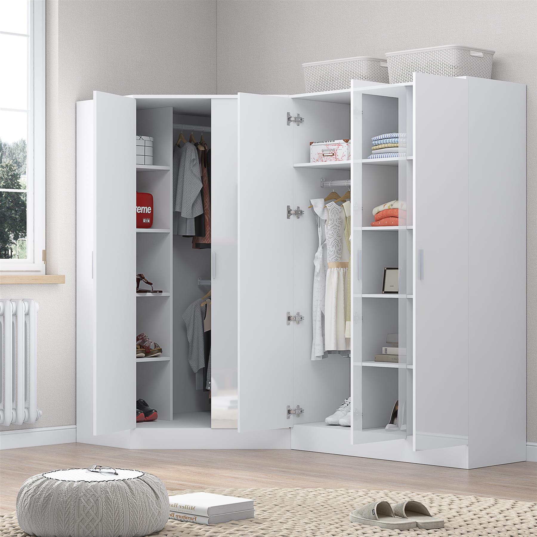 REFLECT Gloss 5 Door Wardrobe Bundle - 2 Door Corner + 3 Door Mirror Bedroom Set