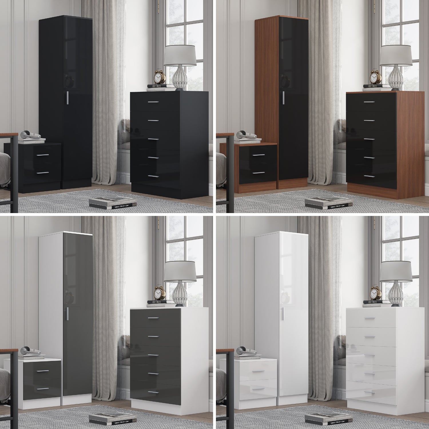 REFLECT Gloss 3pc Bedroom Set - 1 Door Wardrobe + 5 Draw Chest + Bedside
