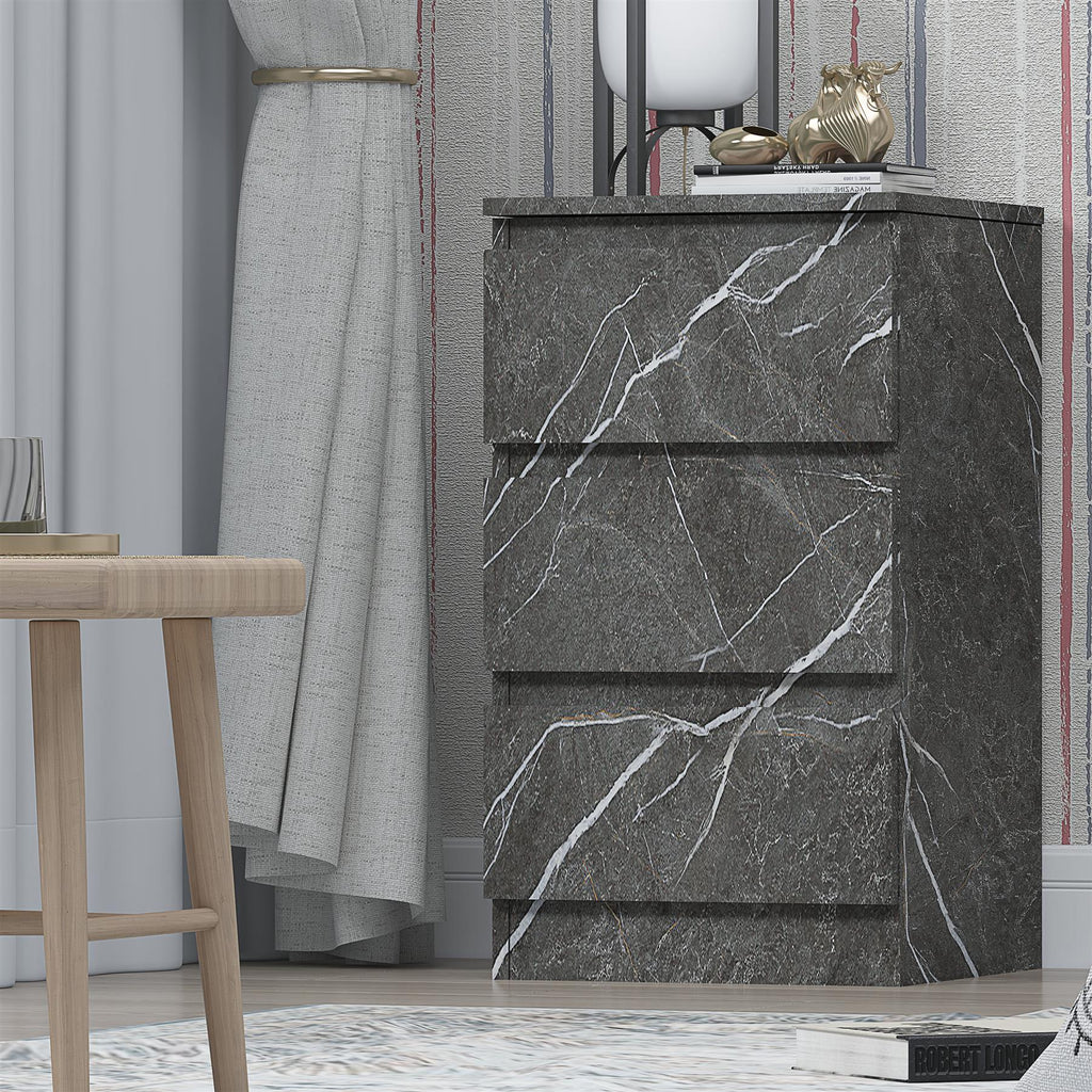 ZITA Grey Marble Effect 3 Drawer Bedside Table - Modern Nightstand, (L) 40cm x (W) 38cm x (H) 68cm, Stylish Bedroom Furniture