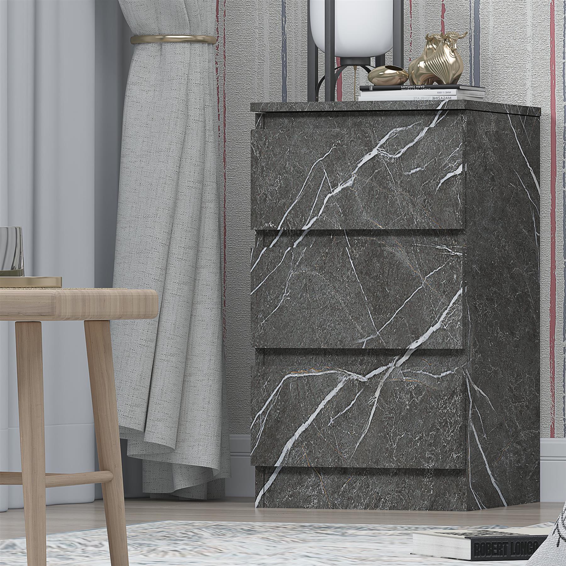 ZITA Grey Marble Effect 3 Drawer Bedside Table - Modern Nightstand, (L) 40cm x (W) 38cm x (H) 68cm, Stylish Bedroom Furniture