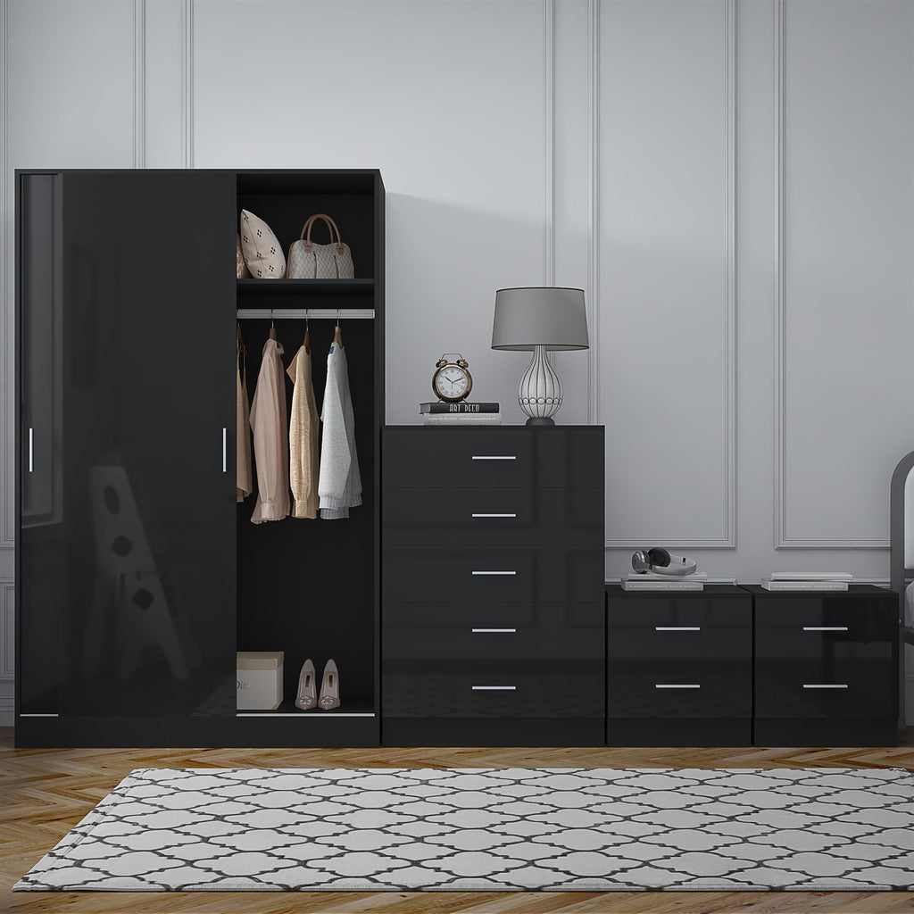 Reflect 2 Door Sliding Wardrobe, 5 Drawer Chest, 2x 2 Drawer Bedsides - Black Gloss & Black Oak - Modern Bedroom Furniture Set