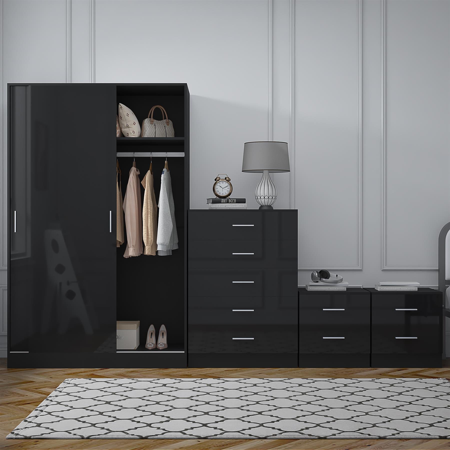 Reflect 2 Door Sliding Wardrobe, 5 Drawer Chest, 2x 2 Drawer Bedsides - Black Gloss & Black Oak - Modern Bedroom Furniture Set