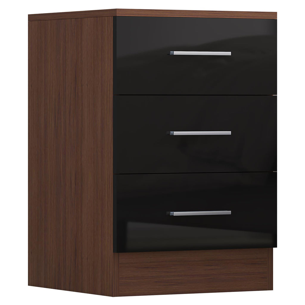 REFLECT - 2 Door CORNER + 2x 3 Drawer Bedside - Gloss Black / Matt Walnut
