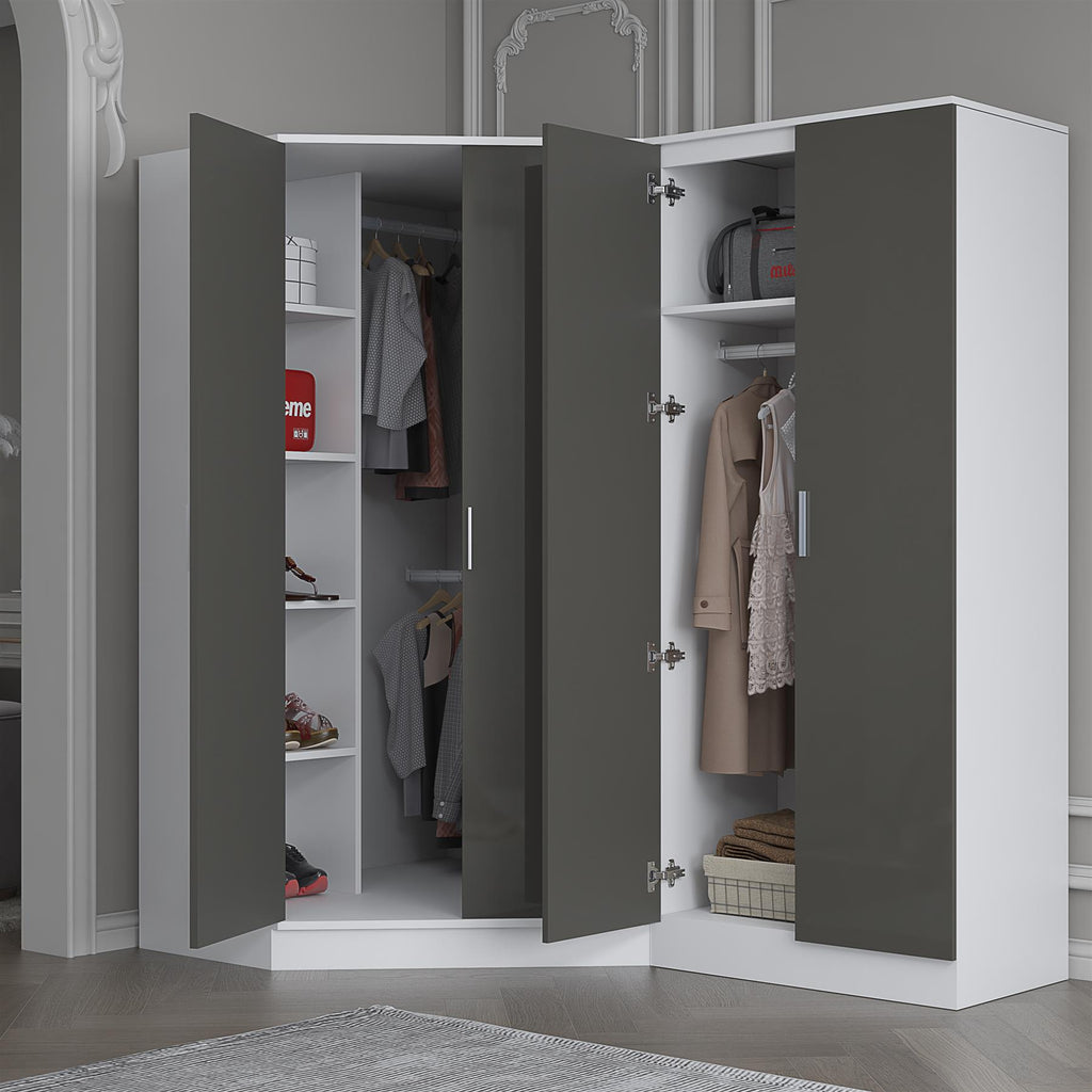 Reflect 2pc Wardrobe Bundle - 2 Door Corner + 2 Door Plain - Grey Gloss & Matt White - H: 180cm x W: 179cm x D: 103cm