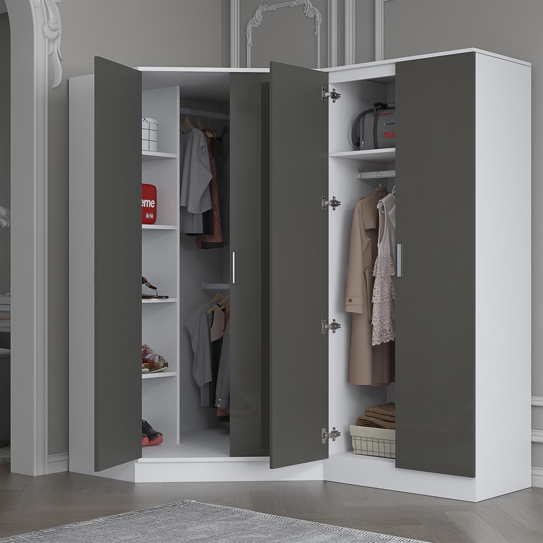 Reflect 2pc Wardrobe Bundle - 2 Door Corner + 2 Door Plain - Grey Gloss & Matt White - H: 180cm x W: 179cm x D: 103cm