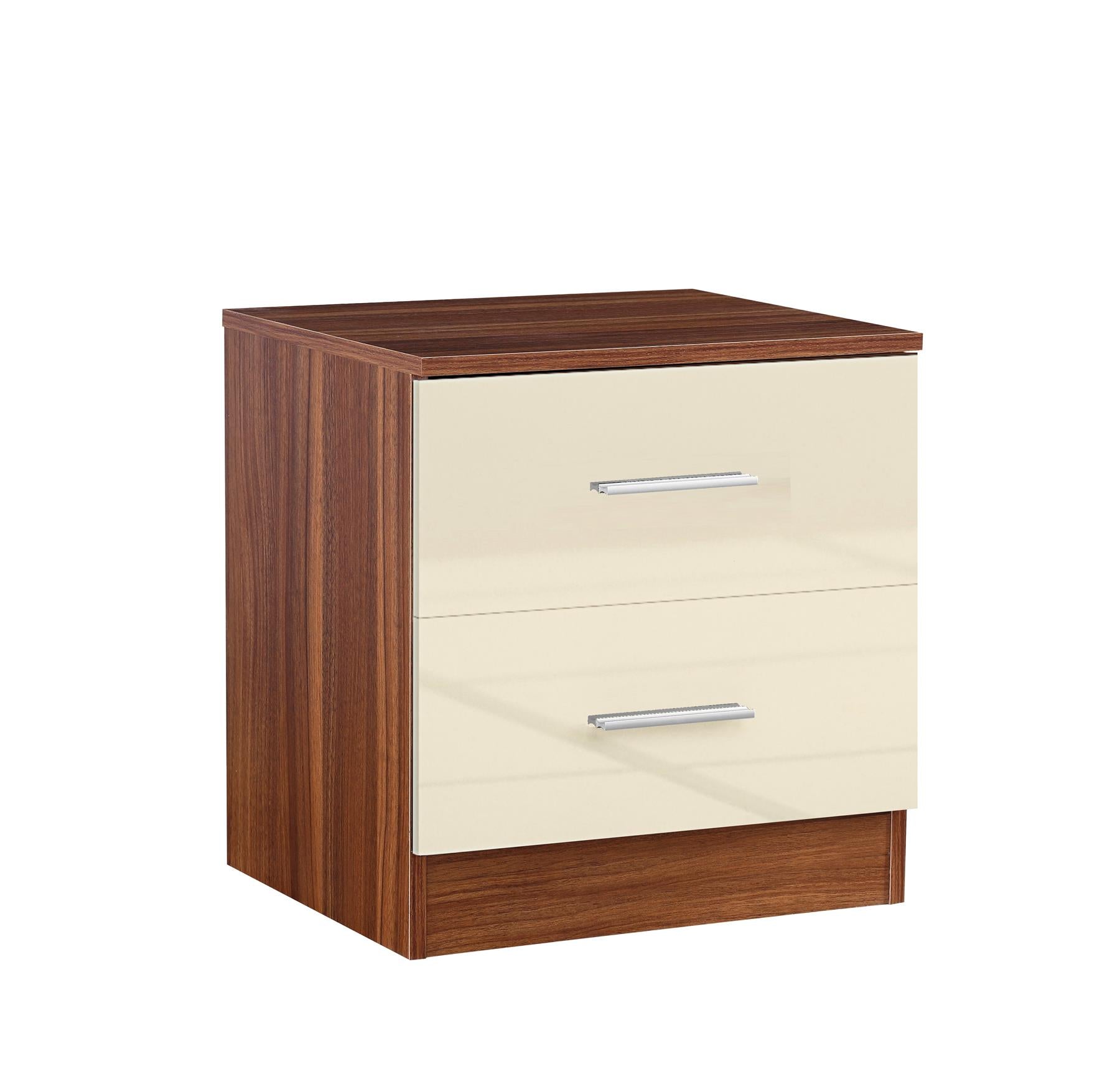 Reflect 2 Drawer Bedside - Cream Gloss & Walnut - Modern Nightstand for Bedroom Storage - H: 48.5cm x W: 45cm x D: 39.5cm