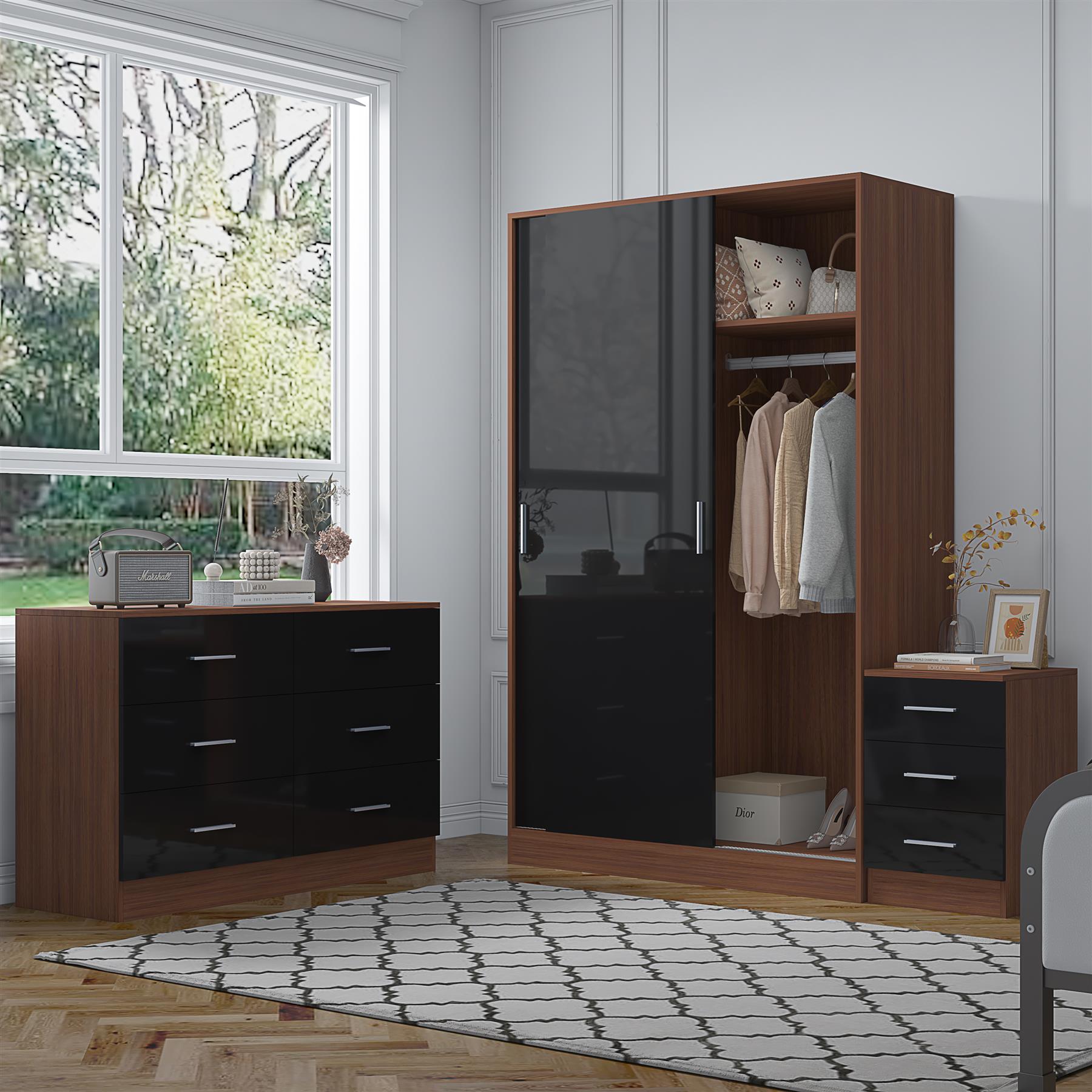 Reflect 2 Door Sliding Wardrobe, 6 Drawer Wide Chest, 3 Drawer Bedside - Black Gloss & Walnut - Modern Bedroom Furniture Set