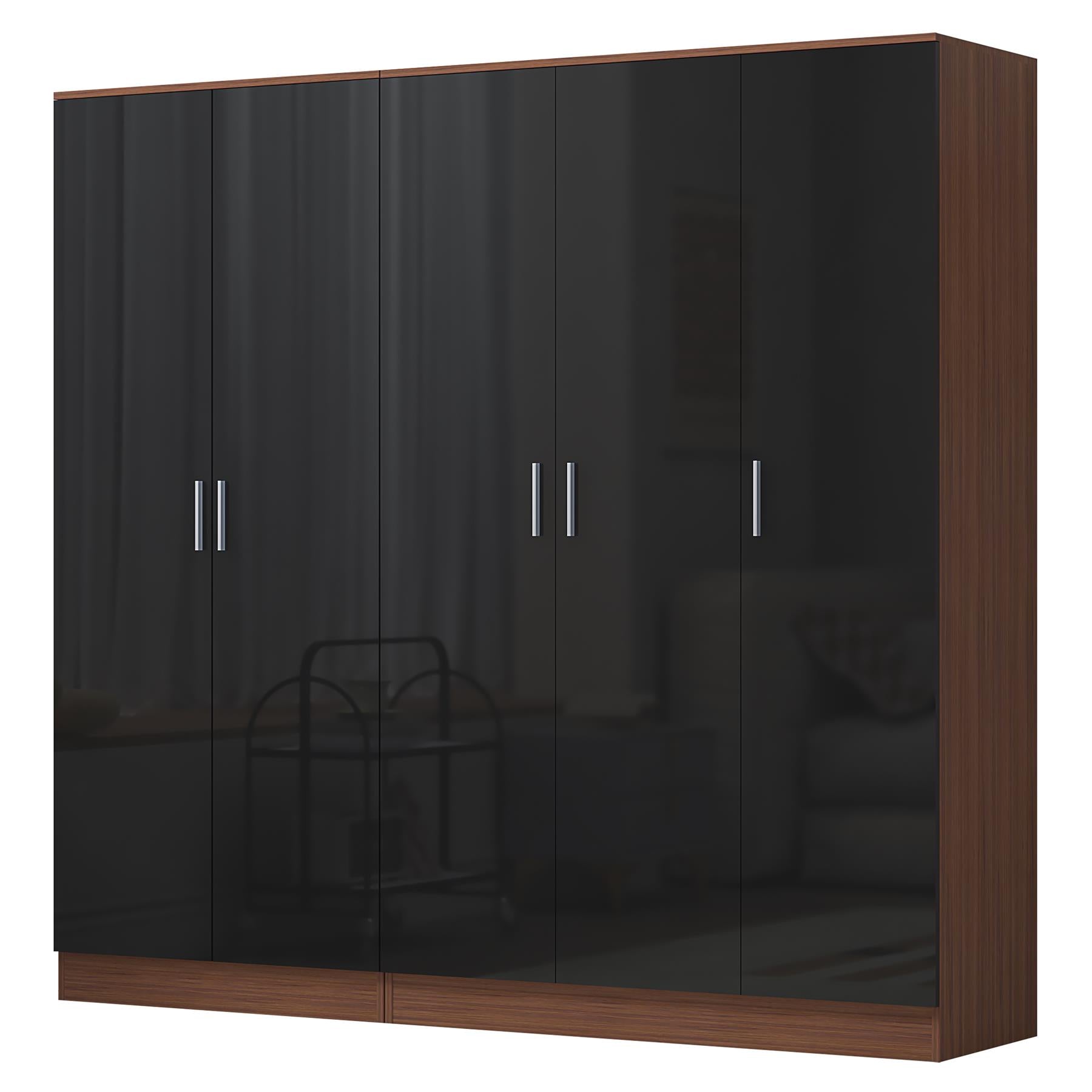 REFLECT - 3 Door PLAIN + 2 Door PLAIN Wardrobe - Gloss Black / Matt Walnut