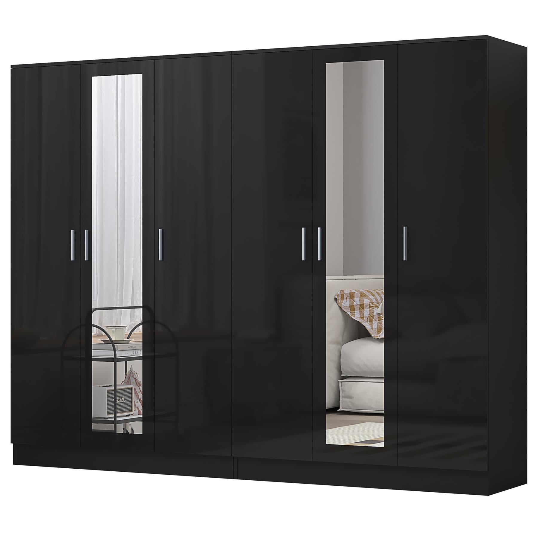 Reflect 2pc Wardrobe Bundle - 3 Door Mirror + 3 Door Mirror - Black Gloss & Black Oak
