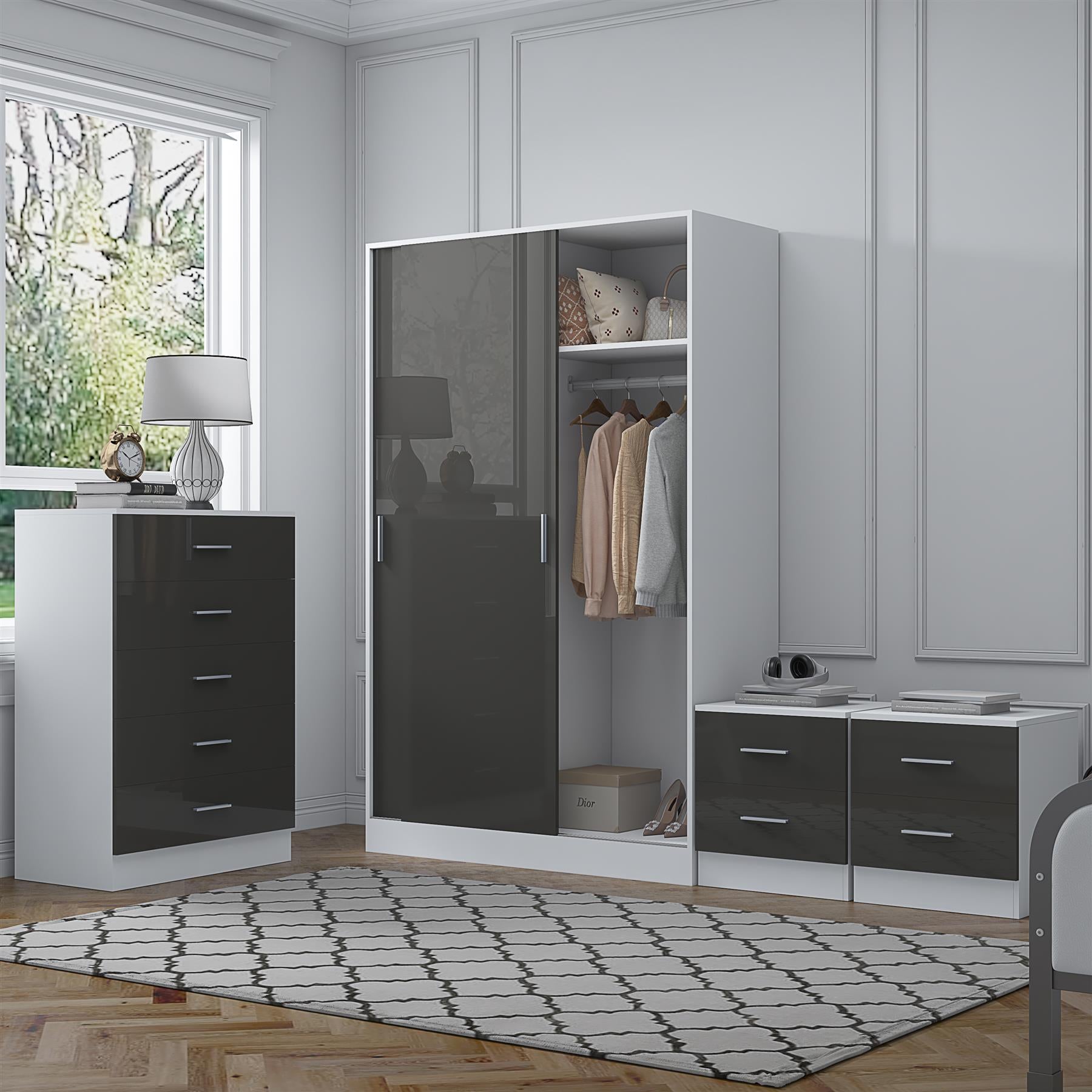 Reflect 2 Door Sliding Wardrobe, 5 Drawer Chest, 2x 2 Drawer Bedsides - Grey Gloss & Matt White - Modern Bedroom Furniture Set
