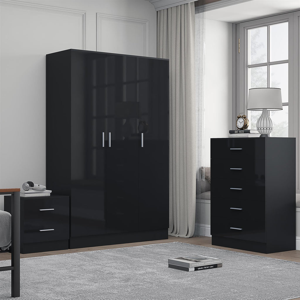 REFLECT Gloss 3pc Bedroom Set - 3 Door Wardrobe + 5 Draw Chest + Bedside