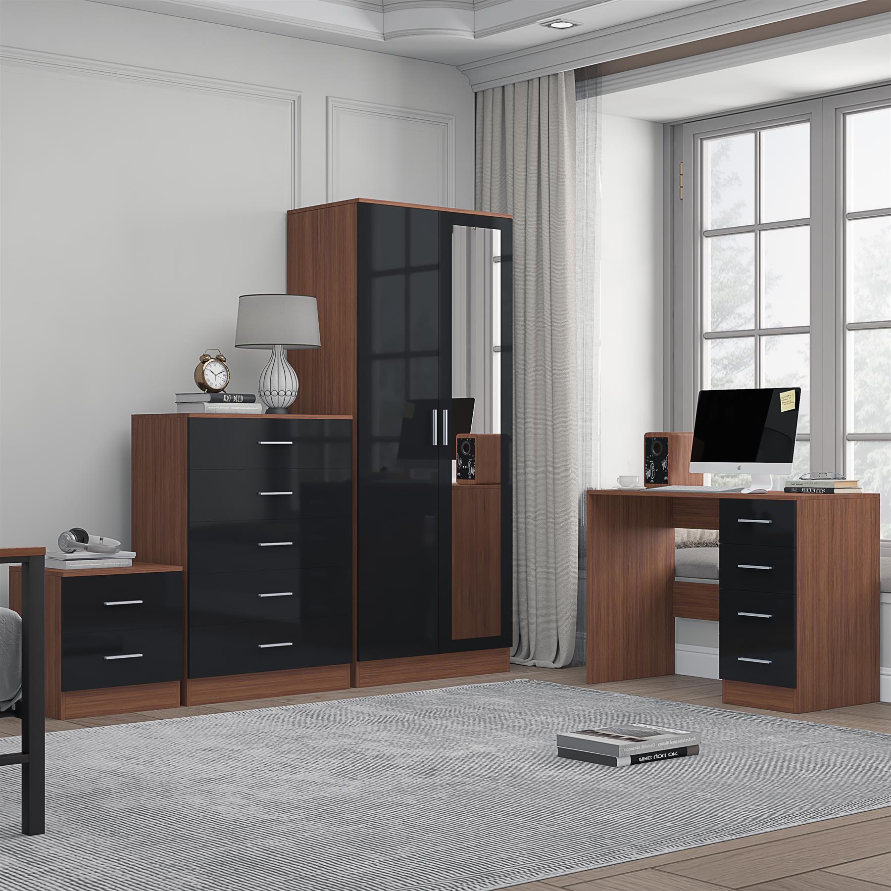Reflect 2 Door Mirror Wardrobe, 5 Drawer Chest, 2 Drawer Bedside & Desk - Black Gloss & Walnut - Modern Bedroom Furniture Set