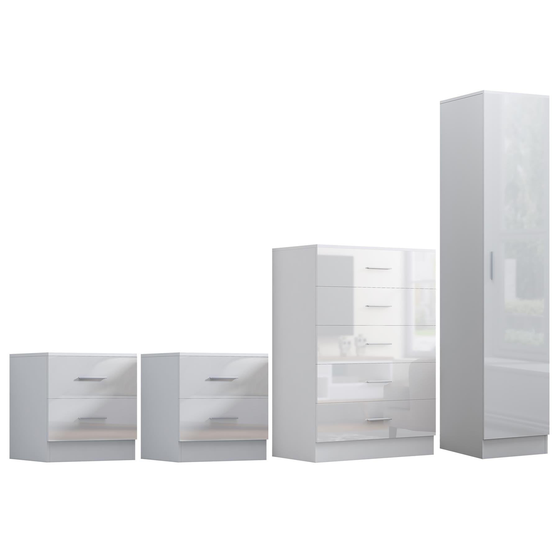 REFLECT Gloss 4pc Bedroom Set - 1 Door Wardrobe + 5 Draw Chest + 2 Bedsides