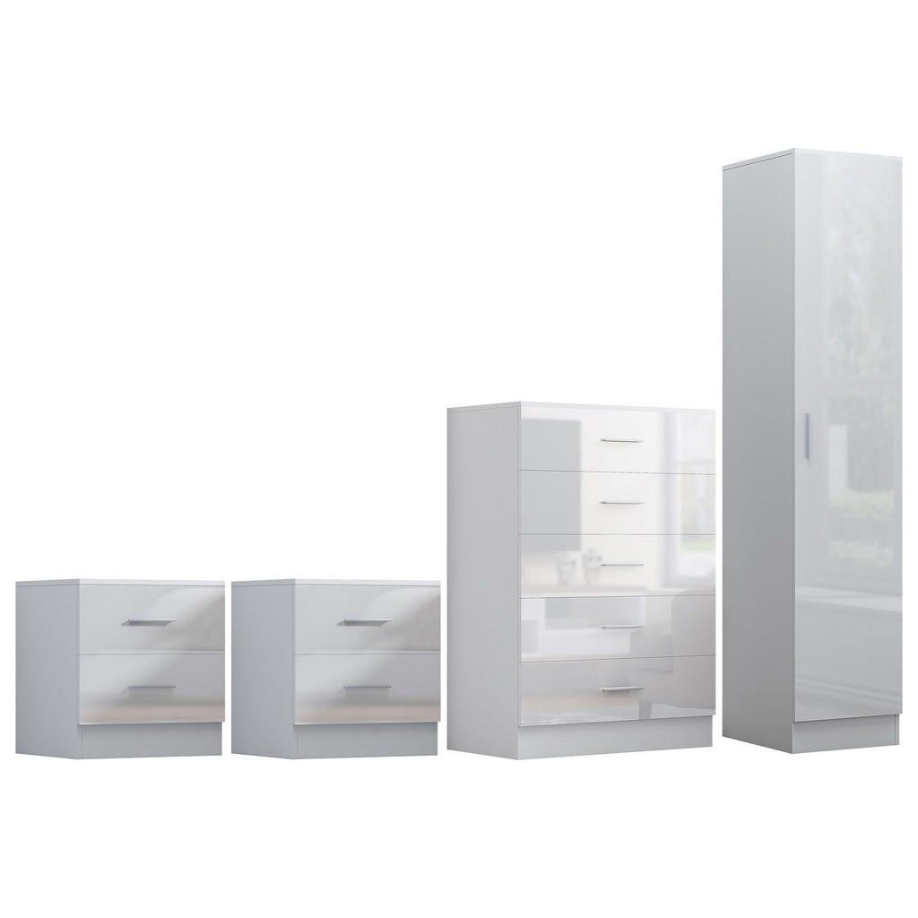 Reflect 1 Door Plain Wardrobe, 5 Drawer Chest, 2x 2 Drawer Bedsides - White Gloss & Matt White - Modern Bedroom Furniture Set