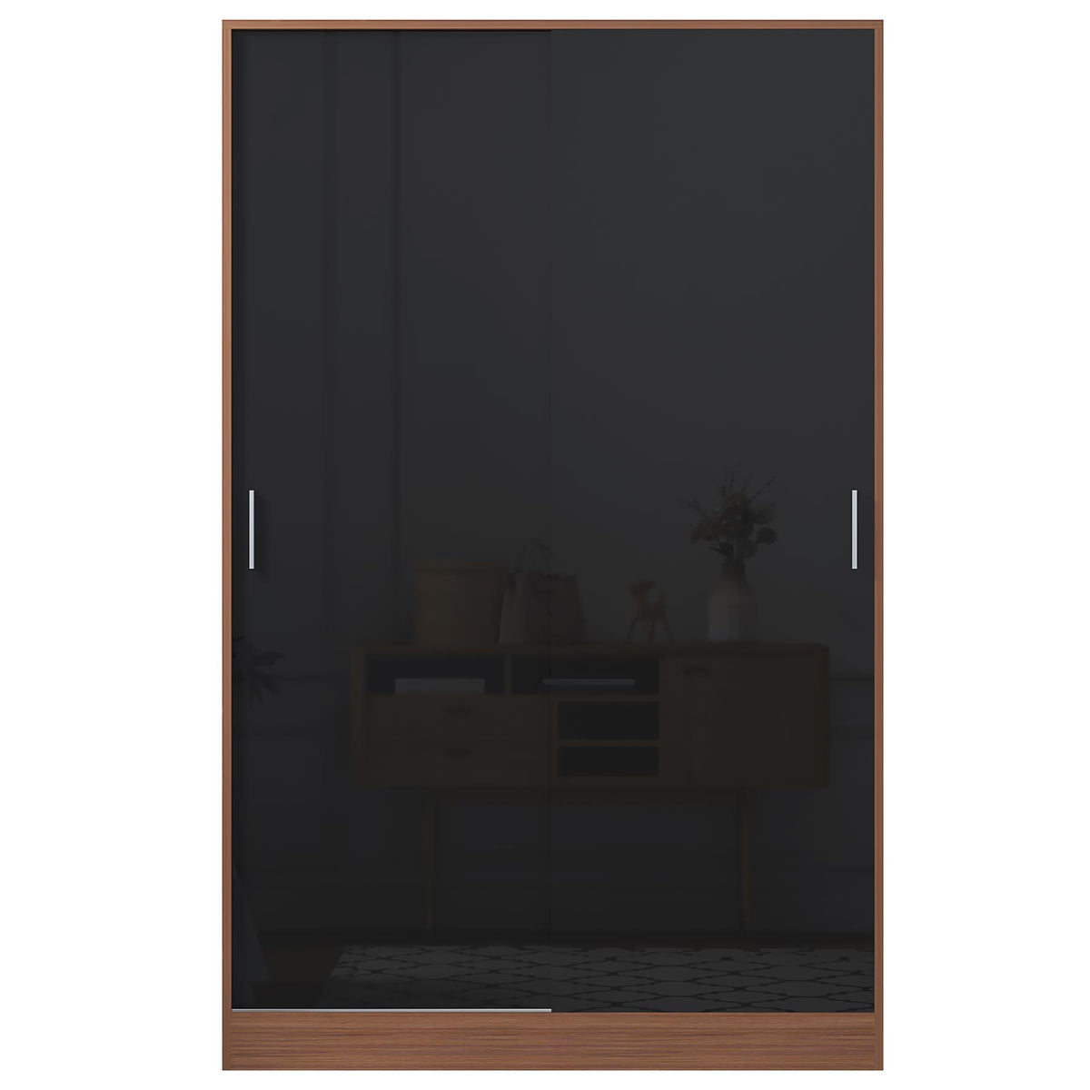 Reflect 2 Door Sliding Wardrobe - Black Gloss & Walnut - Hanging Rails & Shelves - Modern Design