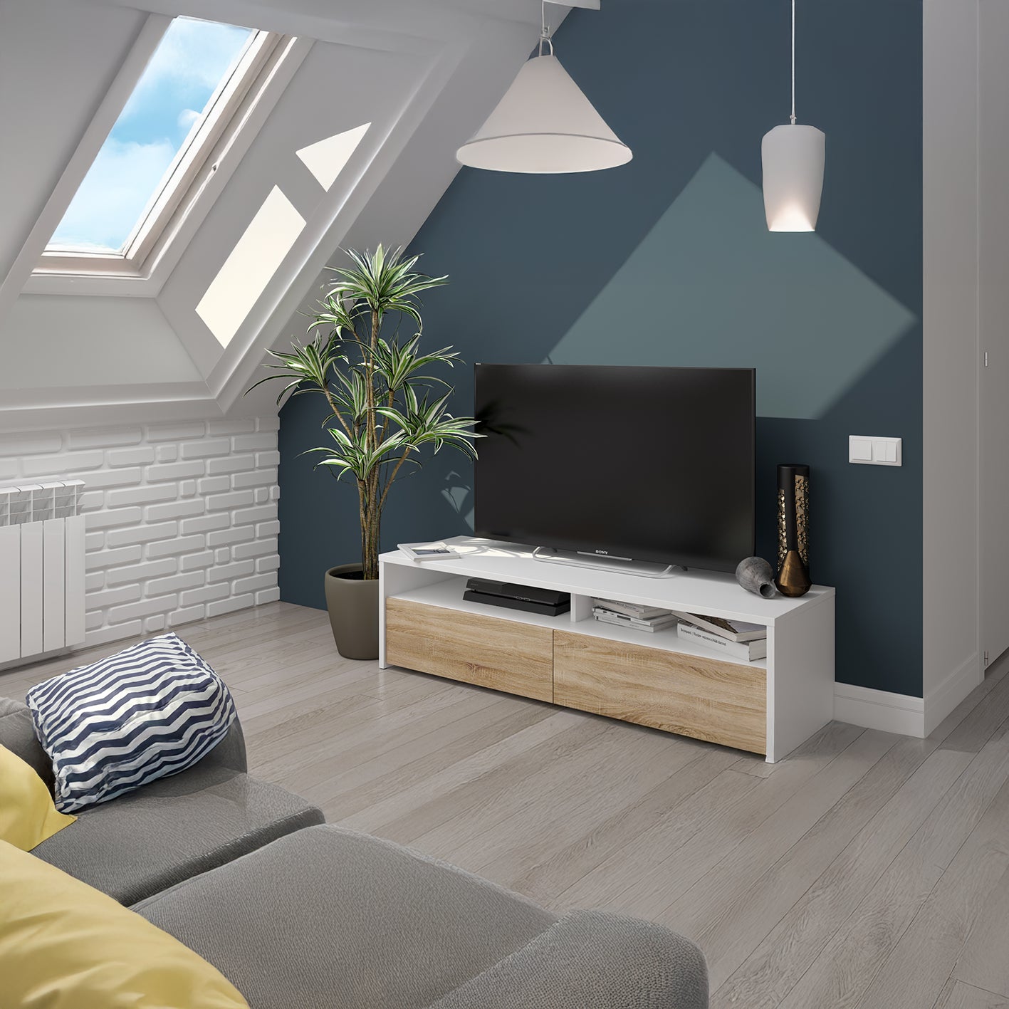 KIOTO 2 Door TV Unit in Oak & Satin White- Modern Media Cabinet with Storage.