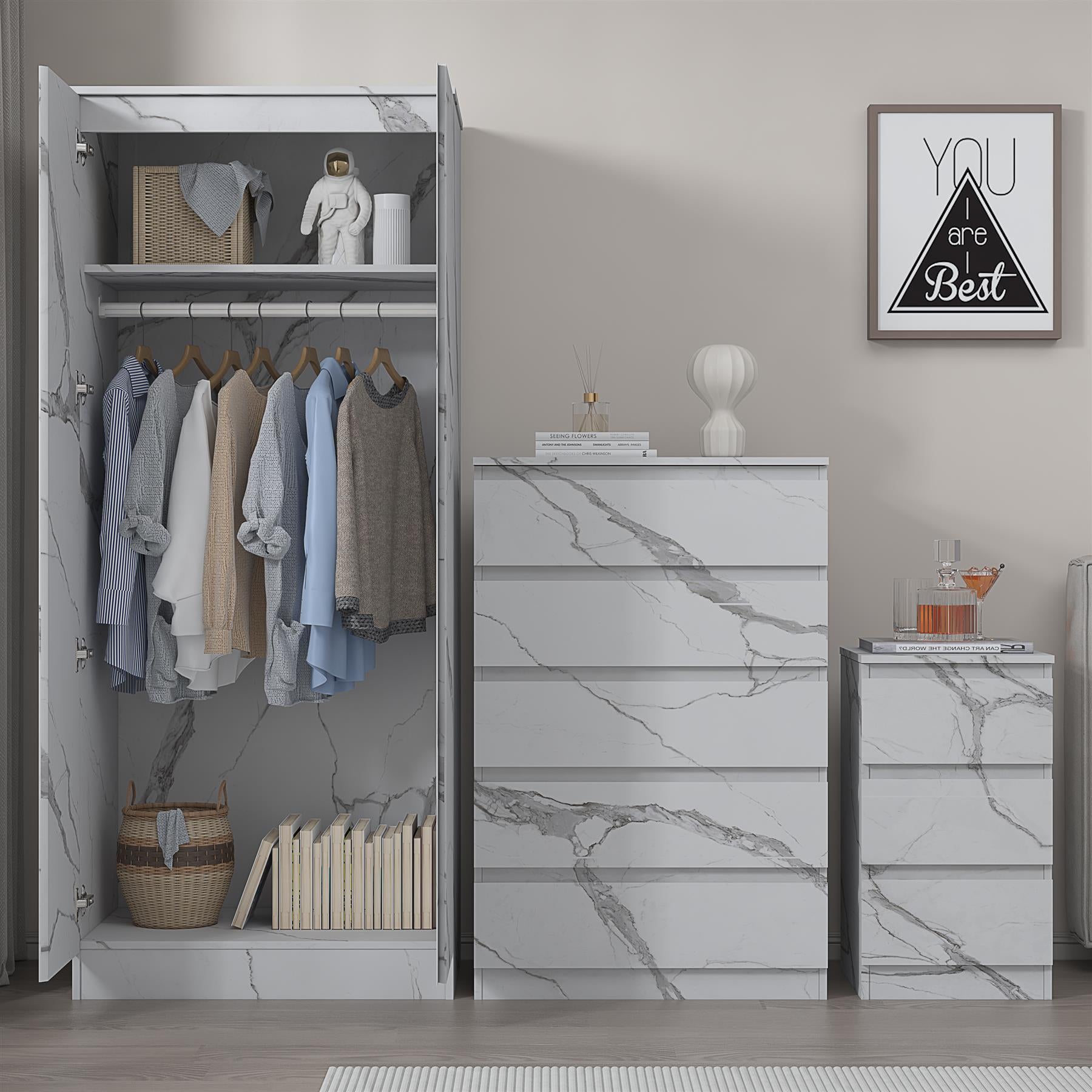 ZITA 3pc Set - 2 Door Wardrobe + Tall Chest + Bedside in White OR Grey Marble