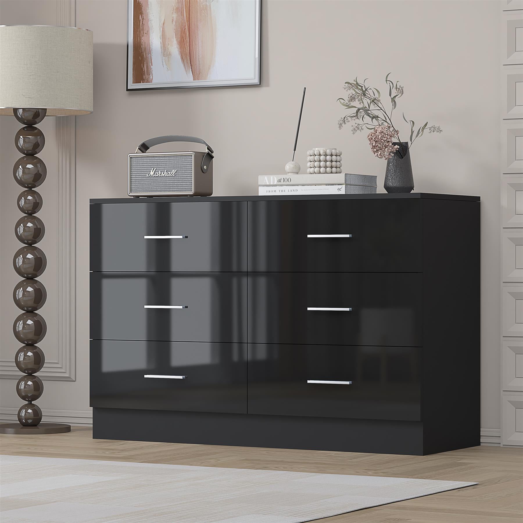 REFLECT Gloss Bedroom Furniture Wide 6 Drawer Chest of Drawers - 4 Colour Option