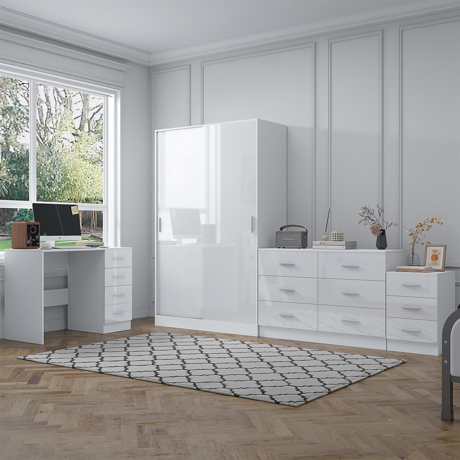 REFLECT Gloss 4pc Set - 2 Door Sliding Wardrobe + Wide Chest + Bedside + Desk.