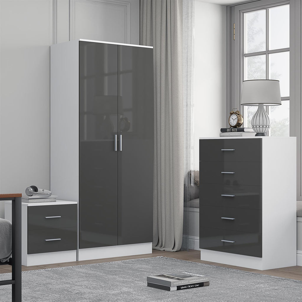 Reflect 2 Door Plain Wardrobe, 5 Drawer Chest, 2 Drawer Bedside - Grey Gloss & Matt White - Modern Bedroom Furniture Set