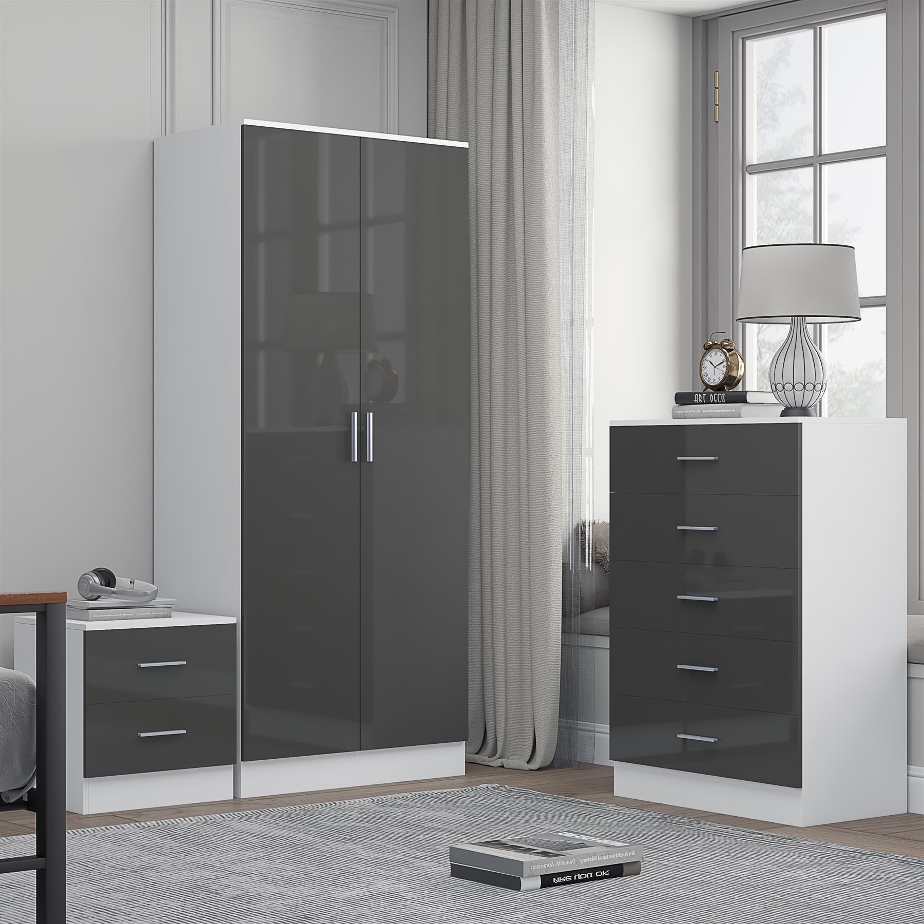 Reflect 2 Door Plain Wardrobe, 5 Drawer Chest, 2 Drawer Bedside - Grey Gloss & Matt White - Modern Bedroom Furniture Set