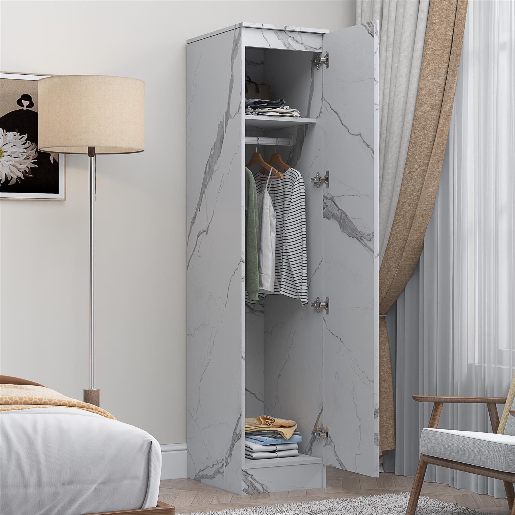 ZITA Compact 1-Door Wardrobe in White Marble Effect - Bedroom Storage, (L) 50cm x (W) 37.5cm x (H) 180cm, Stylish and Space-Saving
