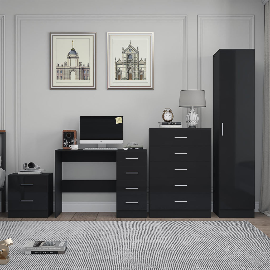 REFLECT Gloss 4pc Bedroom Set - 1 Door Wardrobe + 5 Draw Chest + Bedside + Desk