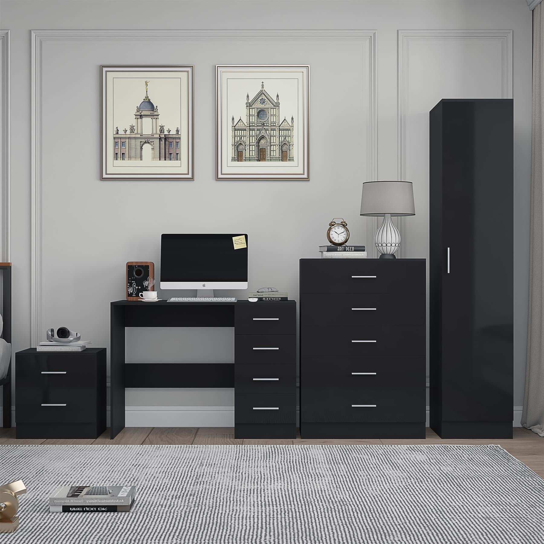 REFLECT Gloss 4pc Bedroom Set - 1 Door Wardrobe + 5 Draw Chest + Bedside + Desk