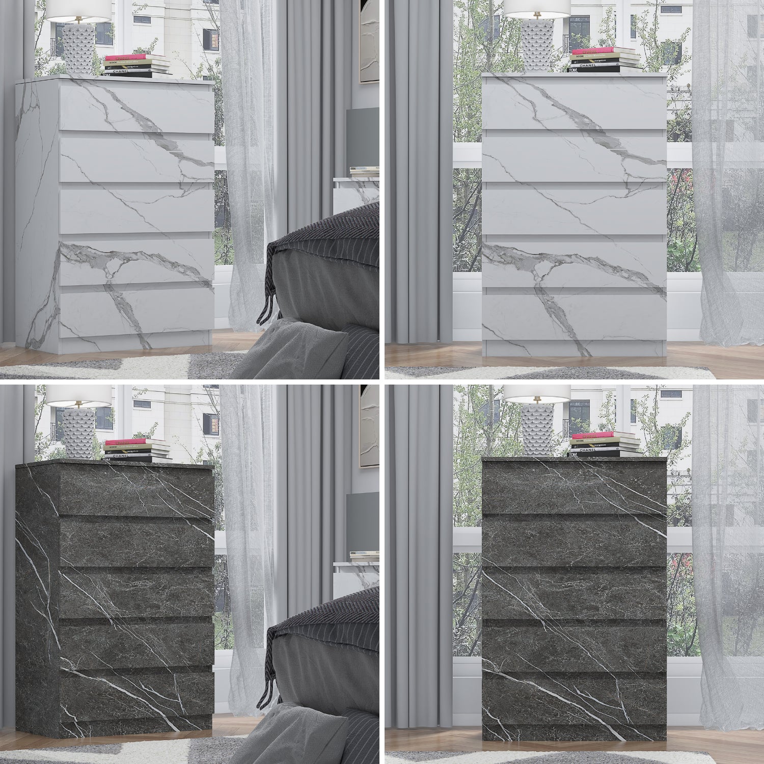ZITA Bedroom Furniture Tall 5 Drawer Chest in White OR Grey Marble Colour Option