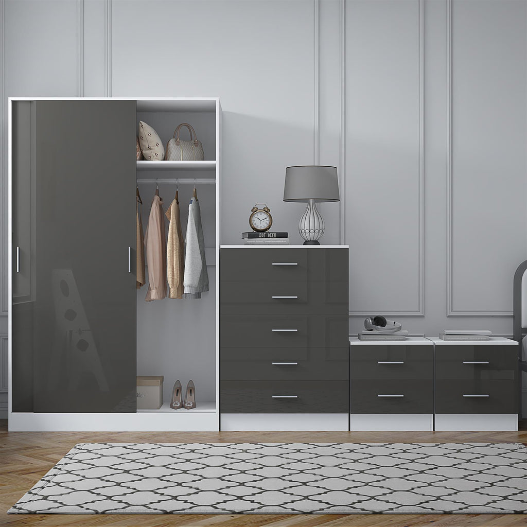 REFLECT Gloss 4pc Set - 2 Door Sliding Wardrobe + 5 Draw Chest + 2 Bedsides