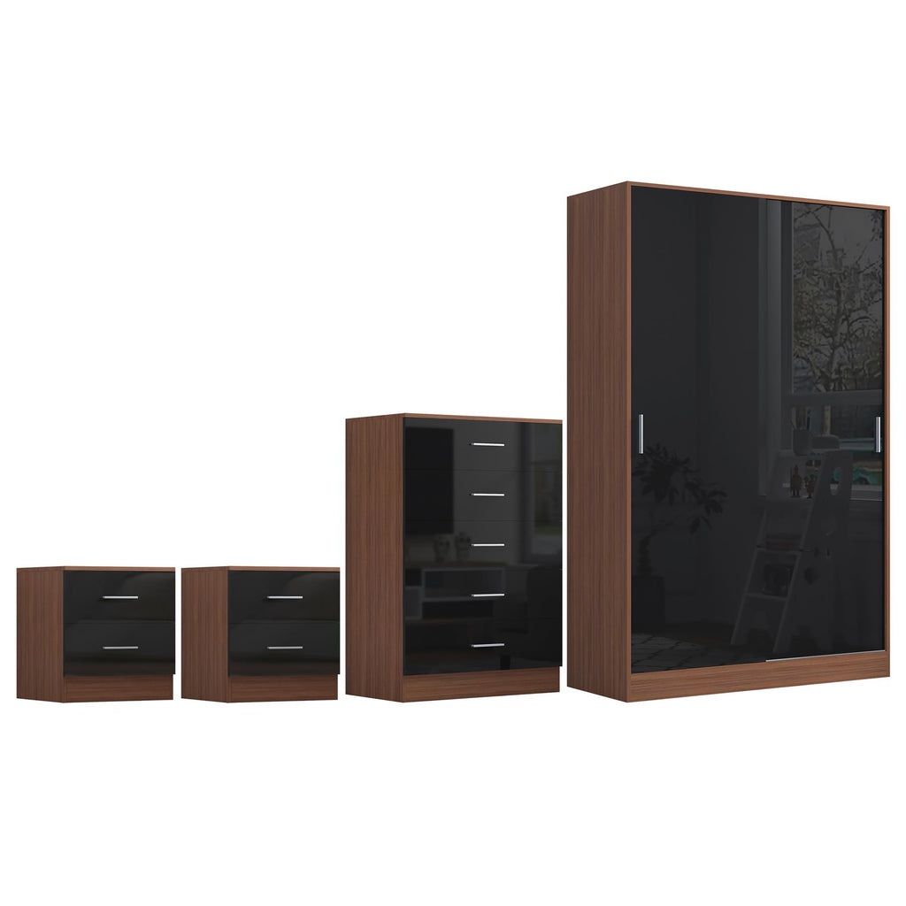 Reflect 2 Door Sliding Wardrobe, 5 Drawer Chest, 2x 2 Drawer Bedsides - Black Gloss & Walnut - Modern Bedroom Furniture Set