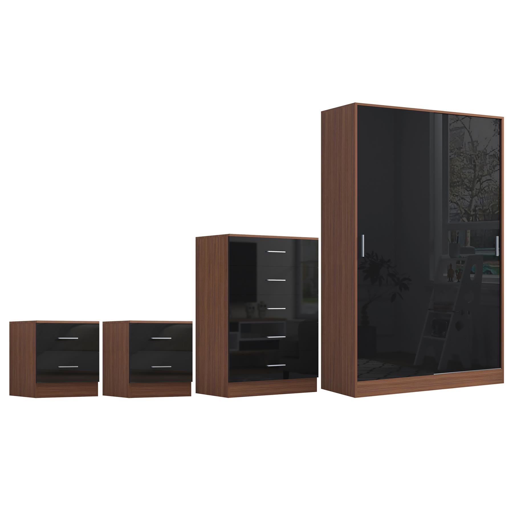 Reflect 2 Door Sliding Wardrobe, 5 Drawer Chest, 2x 2 Drawer Bedsides - Black Gloss & Walnut - Modern Bedroom Furniture Set