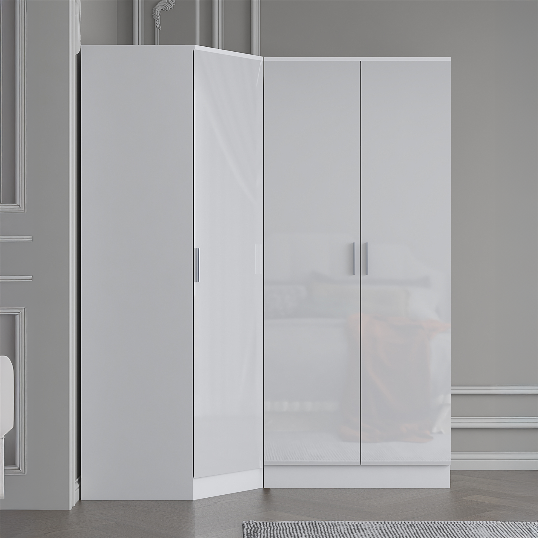 REFLECT - 1 Door Corner + 2 Door Plain Wardrobe in Gloss White / Matt White