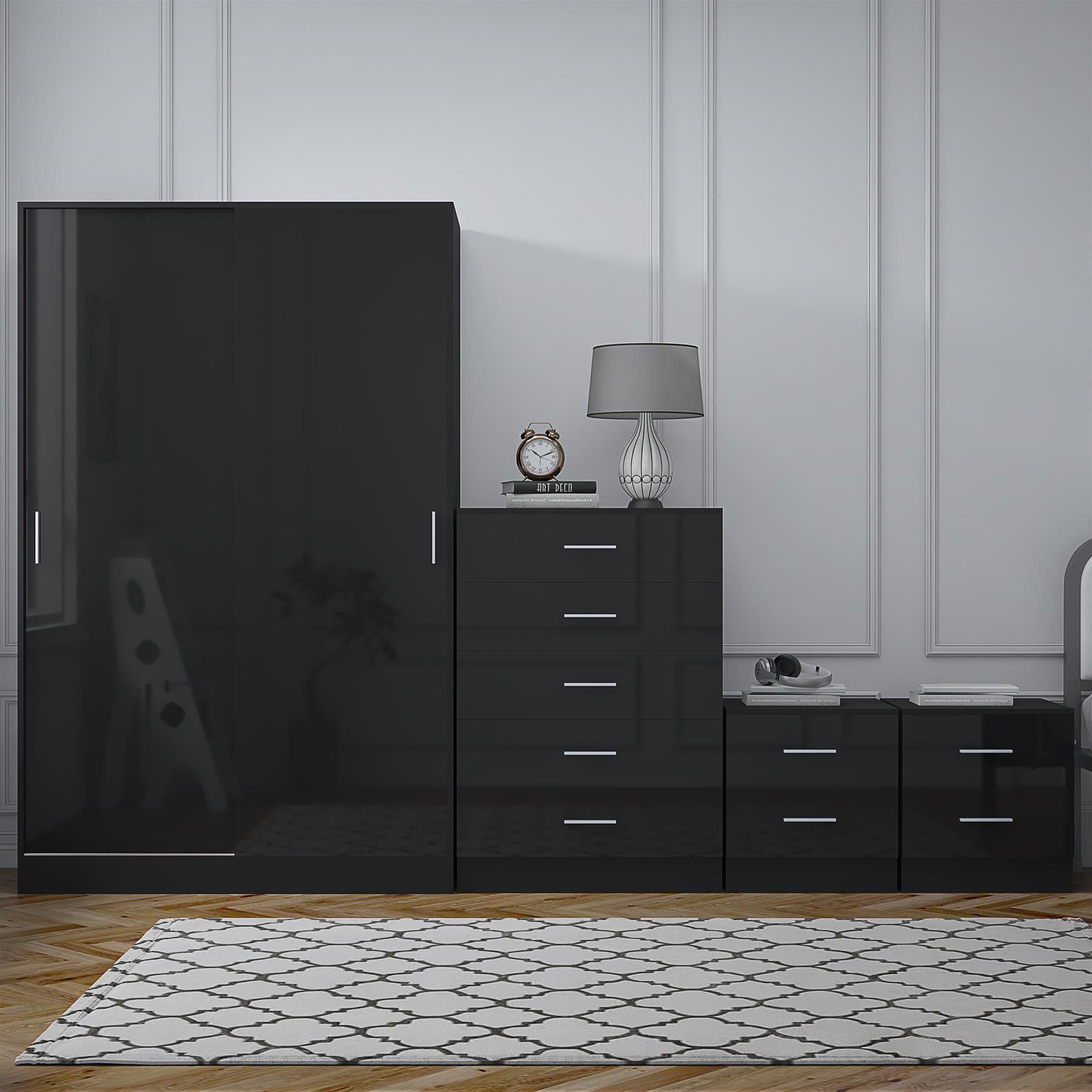 Reflect 2 Door Sliding Wardrobe, 5 Drawer Chest, 2x 2 Drawer Bedsides - Black Gloss & Black Oak - Modern Bedroom Furniture Set