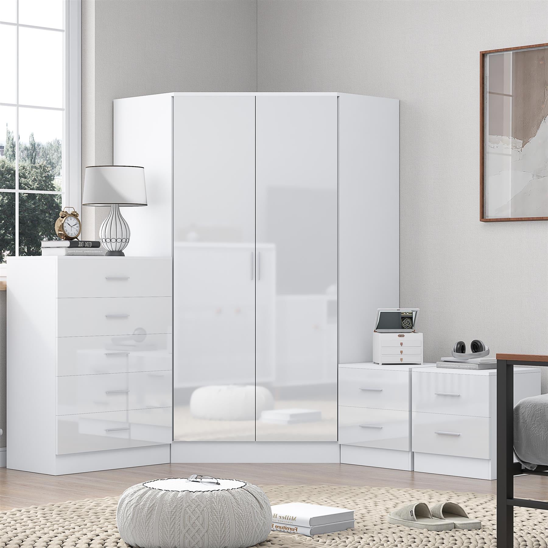 Reflect 2 Door Corner Wardrobe, 5 Drawer Chest, 2x 2 Drawer Bedsides - White Gloss & Matt White - Bedroom Furniture Set