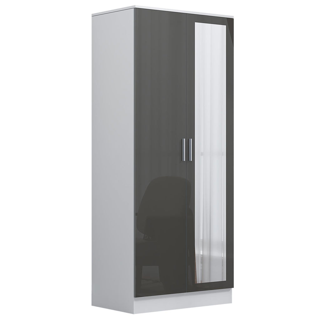 Reflect 2 Door Mirror Wardrobe, 5 Drawer Chest, 2 Drawer Bedside & Desk - Grey Gloss & Matt White - Modern Bedroom Furniture Set