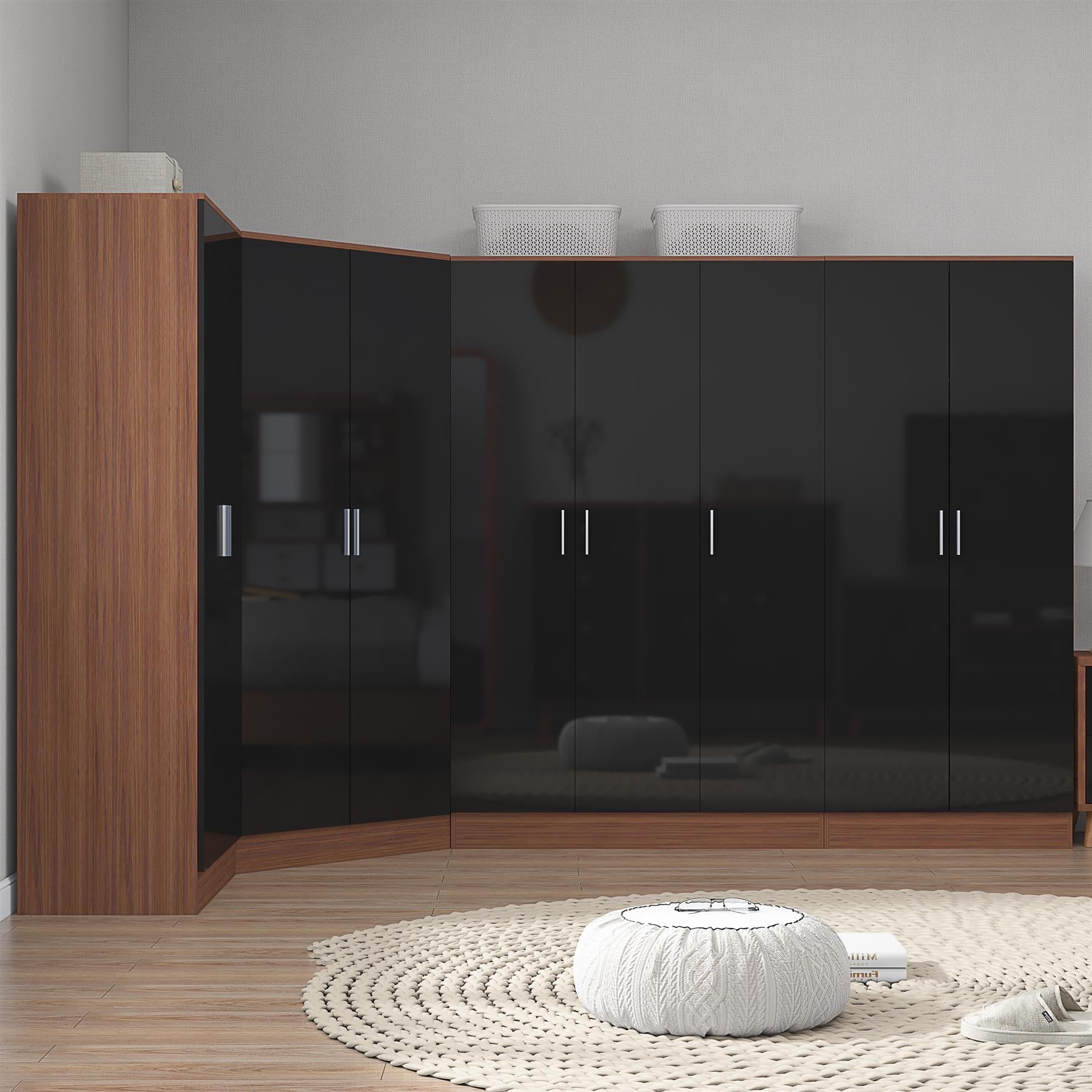 Reflect 4pc Wardrobe Bundle - 2 Door Corner + 3 Door Plain + 2x 2 Door Plain - Black Gloss & Walnut