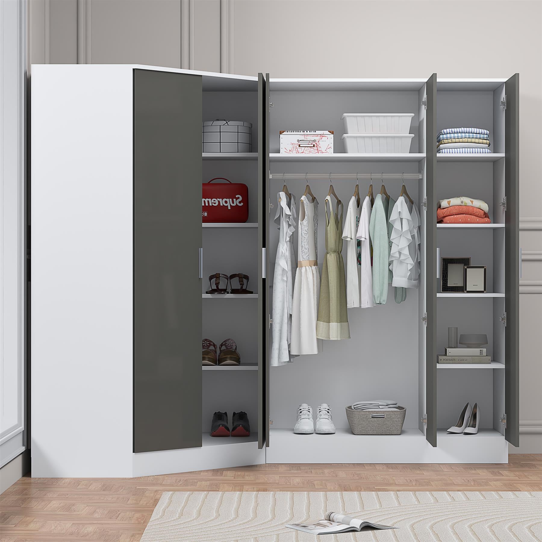 Reflect 2pc Wardrobe Bundle - 2 Door Corner + 3 Door Plain - Grey Gloss & Matt White - H: 180cm x W: 179cm x D: 103cm