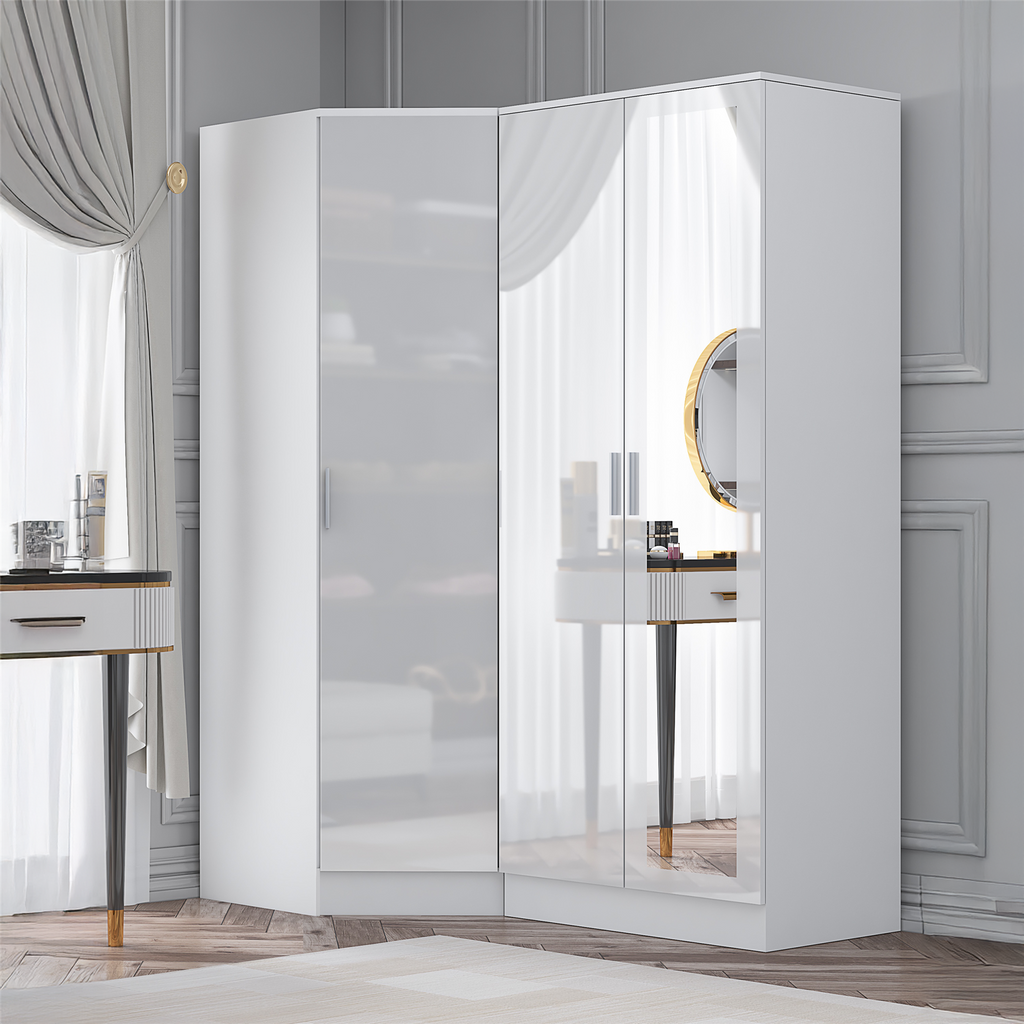 REFLECT - 1 Door Corner + 2 Door Mirror Wardrobe in Gloss White / Matt White